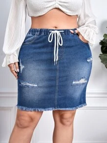 EMERY ROSE Plus Drawstring Waist Ripped Raw Cut Denim Skirt - Medium Wash - View 1