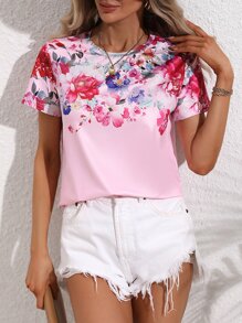 SHEIN LUNE Camiseta con estampado floral y cuello redondo, camisetas gráficas para mujer - Rosa - Ver 3