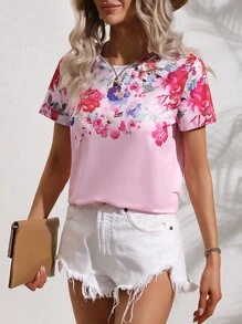 SHEIN LUNE Camiseta con estampado floral y cuello redondo, camisetas gráficas para mujer - Rosa - Ver 5