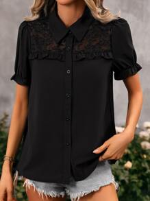 SHEIN LUNE 褶邊蕾絲拼接泡泡袖襯衫 - 黑色 - 查看 5