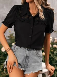 SHEIN LUNE 褶邊蕾絲拼接泡泡袖襯衫 - 黑色 - 查看 2