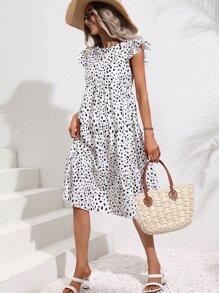 SHEIN VCAY 斑點印花荷葉邊娃娃裙 - 白色 - 查看 6