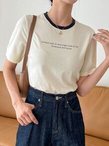 DAZY Slogan Graphic Contrast Binding Tee - Beige - View 1
