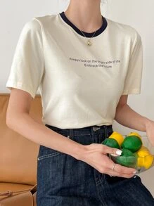 DAZY Slogan Graphic Contrast Binding Tee - Beige - View 2