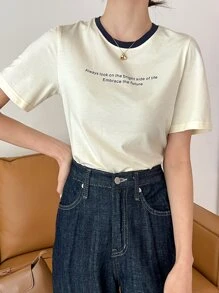 DAZY Slogan Graphic Contrast Binding Tee - Beige - View 6