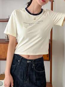 DAZY Slogan Graphic Contrast Binding Tee - Beige - View 7