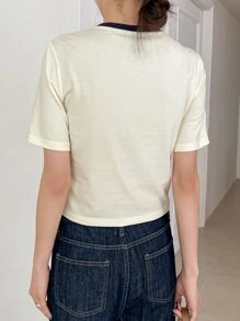 DAZY Slogan Graphic Contrast Binding Tee - Beige - View 8