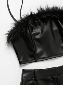 SHEIN Unity 毛茸茸裝飾 PU 皮革上衣＆短褲套裝 - 黑色 - 查看 6
