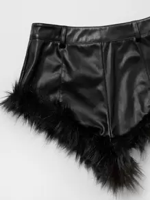 SHEIN Unity 毛茸茸裝飾 PU 皮革上衣＆短褲套裝 - 黑色 - 查看 8