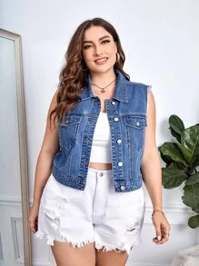 SHEIN Frenchy 大碼翻蓋口袋馬甲牛仔夾克 - 中等水洗藍 - 查看 1