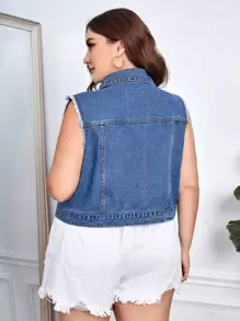 SHEIN Frenchy 大碼翻蓋口袋馬甲牛仔夾克 - 中等水洗藍 - 查看 2