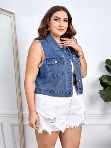 SHEIN Frenchy 大碼翻蓋口袋馬甲牛仔夾克 - 中等水洗藍 - 查看 4