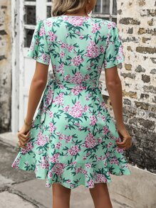 SHEIN VCAY Floral Print Butterfly Sleeve Ruffle Trim Wrap Knot Side Dress - Mint Green - View 2