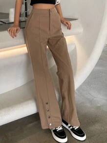 DAZY Button Detail Flare Leg Trousers - Camel - View 2