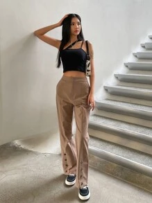 DAZY Button Detail Flare Leg Trousers - Camel - View 5