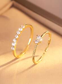 2 件方晶锆石心形装饰戒指情人节 - 金黃色 - 查看 3