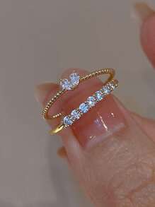 2 件方晶锆石心形装饰戒指情人节 - 金黃色 - 查看 4