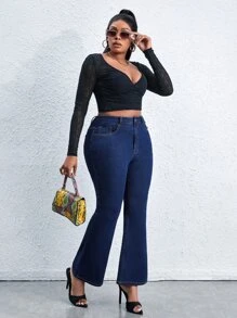 Plus High Waist Flare Leg Jeans - Dark Wash - View 3
