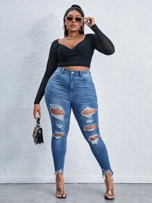 Plus High Waist Ripped Raw Cut Skinny Jeans - Light Wash - View 3