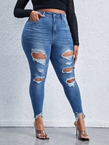Plus High Waist Ripped Raw Cut Skinny Jeans - Light Wash - View 5