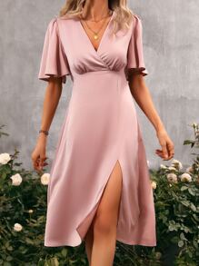 SHEIN VCAY 蝴蝶袖高衩洋裝 - 藕粉色 - 查看 4