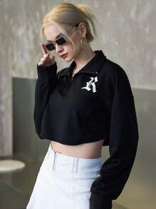 SHEIN 字母圖案半拉鏈落肩袖短款運動衫 - 黑色 - 查看 9