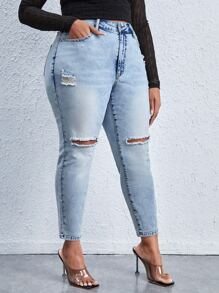 SHEIN SXY Plus High Waist Ripped Skinny Jeans - Light Wash - View 5