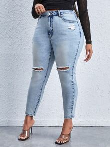 SHEIN SXY Plus High Waist Ripped Skinny Jeans - Light Wash - View 4