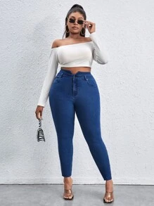 Plus High Waist Skinny Jeans - Medium Wash - View 3