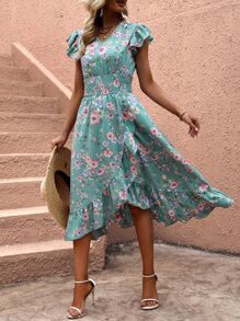 SHEIN VCAY Floral Print Butterfly Sleeve Ruffle Hem Belted Dress - Green - View 1