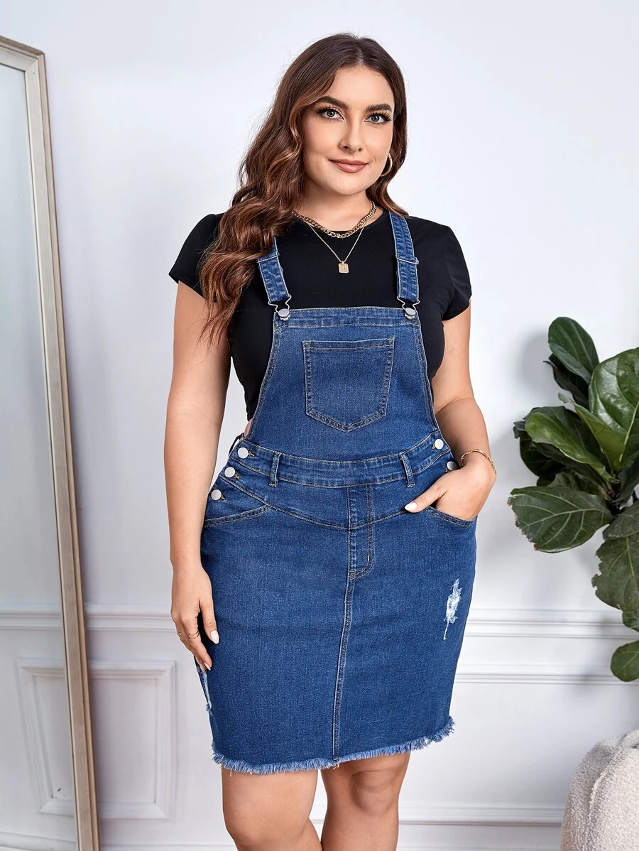EMERY ROSE Plus Ripped Raw Cut Overall Denim Dress Without Tee Milkmaid Dress  Autumn Outfits For Women Festival Outfits Sundress