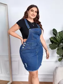 EMERY ROSE Plus Ripped Raw Cut Overall Denim Dress Without Tee Milkmaid Dress  Autumn Outfits For Women Festival Outfits Sundress