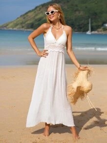 SHEIN Swim Guipure Lace Insert Tie Backless Cami Dress Beach Dress - White - View 5