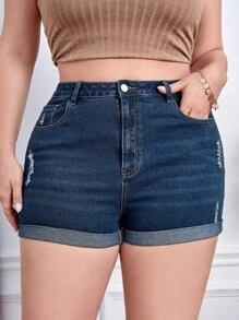 SHEIN Essnce Quần short denim oversized Nút Túi Dây kéo Bị tách màu trơn - Rửa tối - Xem 1