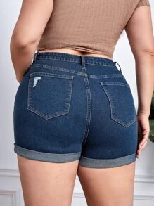 SHEIN Essnce Quần short denim oversized Nút Túi Dây kéo Bị tách màu trơn - Rửa tối - Xem 2