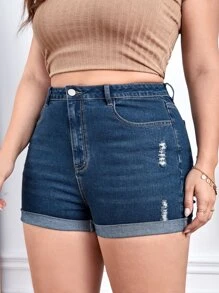 SHEIN Essnce Quần short denim oversized Nút Túi Dây kéo Bị tách màu trơn - Rửa tối - Xem 4