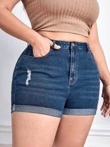 SHEIN Essnce Quần short denim oversized Nút Túi Dây kéo Bị tách màu trơn - Rửa tối - Xem 5