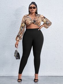 SHEIN SXY Plus High Waist Skinny Pants Women Spring Summer Solid Color Pant - Black - View 3