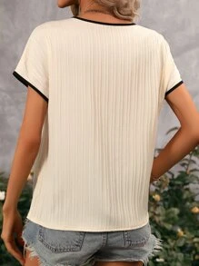 SHEIN LUNE Contrast Binding Notched Neck Batwing Sleeve Blouse - Apricot - View 2