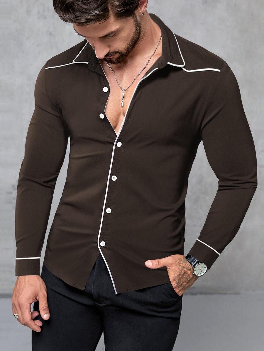 Manfinity Homme Men Contrast Piping Shirt - Coffee Brown - View 1