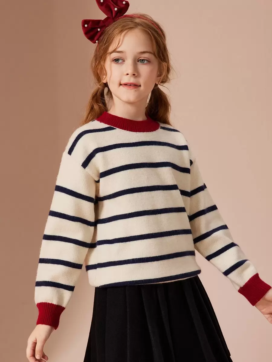 Tween Girl, elegant, casual, cu dungi, pulover tricotat cu bloc de culoare, pulover cald îngroșat pentru toamnă