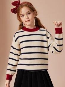 Tween Girl, elegant, casual, cu dungi, pulover tricotat cu bloc de culoare, pulover cald îngroșat pentru toamnă