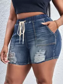 SHEIN SXY Plus Drawstring Waist Ripped Frayed Denim Shorts - Medium Wash - View 1