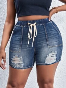 SHEIN SXY Plus Drawstring Waist Ripped Frayed Denim Shorts - Medium Wash - View 4