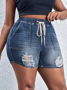 SHEIN SXY Plus Drawstring Waist Ripped Frayed Denim Shorts - Medium Wash - View 6