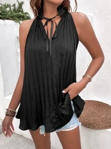 Breezaya Tie Neck Pleated Detail Satin Blouse - Black - View 6