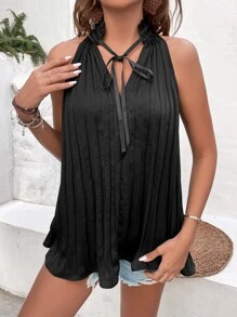 Breezaya Tie Neck Pleated Detail Satin Blouse - Black - View 2