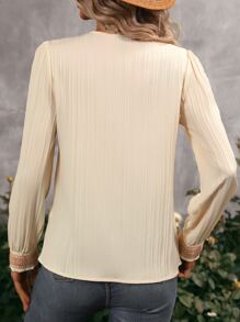 SHEIN LUNE Guipure Lace Insert Lantern Sleeve Blouse - Apricot - View 3