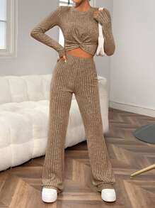 SHEIN EZwear 條紋針織扭結下擺T恤和喇叭褲 - 杏色 - 查看 5