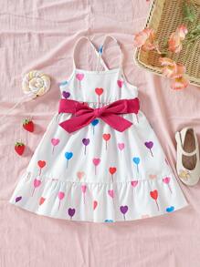 SHEIN Toddler Girls Heart Print Ruffle Hem Belted Cami Dress - White - View 1